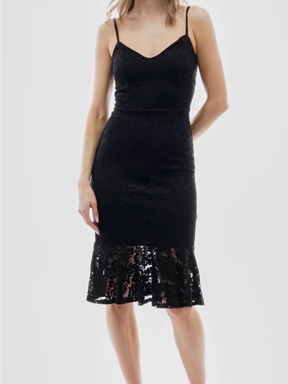 Guess Black Lace Midi Dress with Flounce Hem